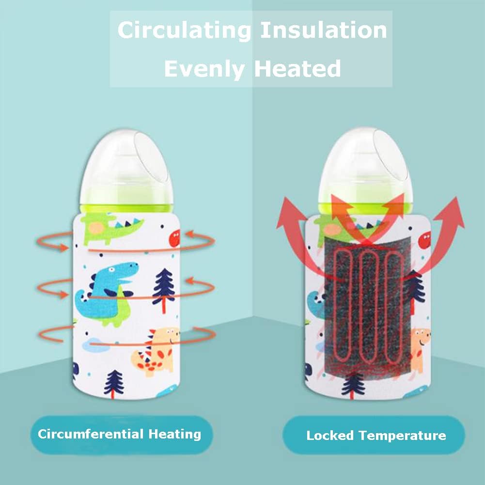 Portable Bottle Keep Warm, USB Travel Milk Heat Keeper, Baby Bottle Keep Warmer for Car Tavel, Storage Cover Insulation Thermostat(Dinosaur, 12)