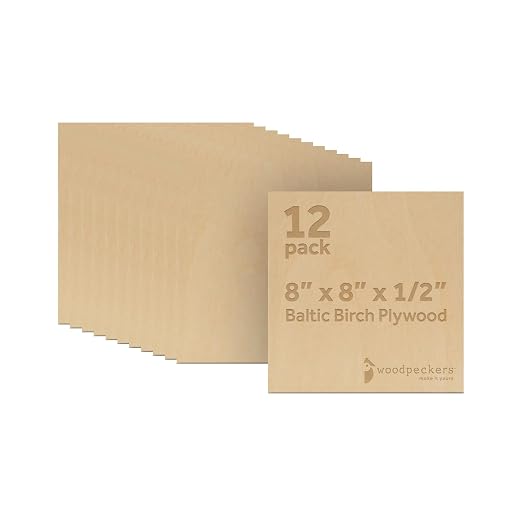 12 mm Baltic Birch Plywood 1/2 x 8 x 8 Inch, Box of 12 B/BB Grade Craft Wood