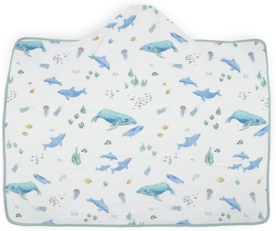 Little Unicorn Premium Hooded Bath Towel| Absorbent Cotton & Terry Blend | Larger Size, 1-6 Years (Whales)