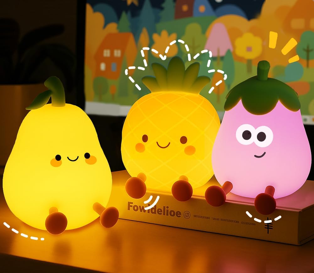 Fruit & Vegetable Night Light Set – 3 Pack Cute Silicone Nightlight, Rechargeable Bedside Touch Lamp, Dimmable Soft Night Lamp Gift for Bedroom Kids Room Decor (Pear, Pineapple, Eggplant)