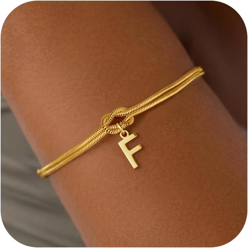 Stocking Stuffers for Teen Girls - 18K Gold Plated Love Knot Initial Bracelets for Women Friends Bridesmaid Gifts Dainty Gold Bracelets Birthday Christmas Gifts for Teens Women