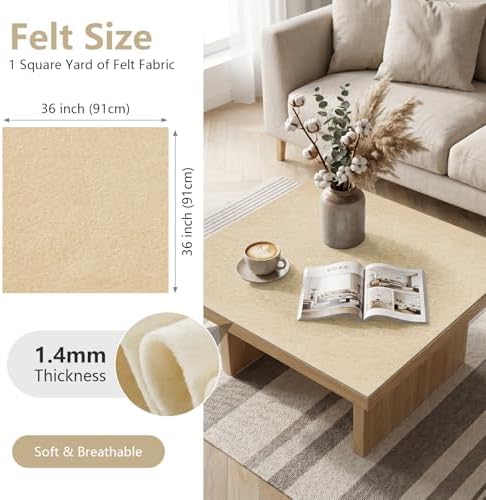 Cream Beige Felt Fabric 36'' X 36'', 1.4mm Large Felt Sheets Soft Durable