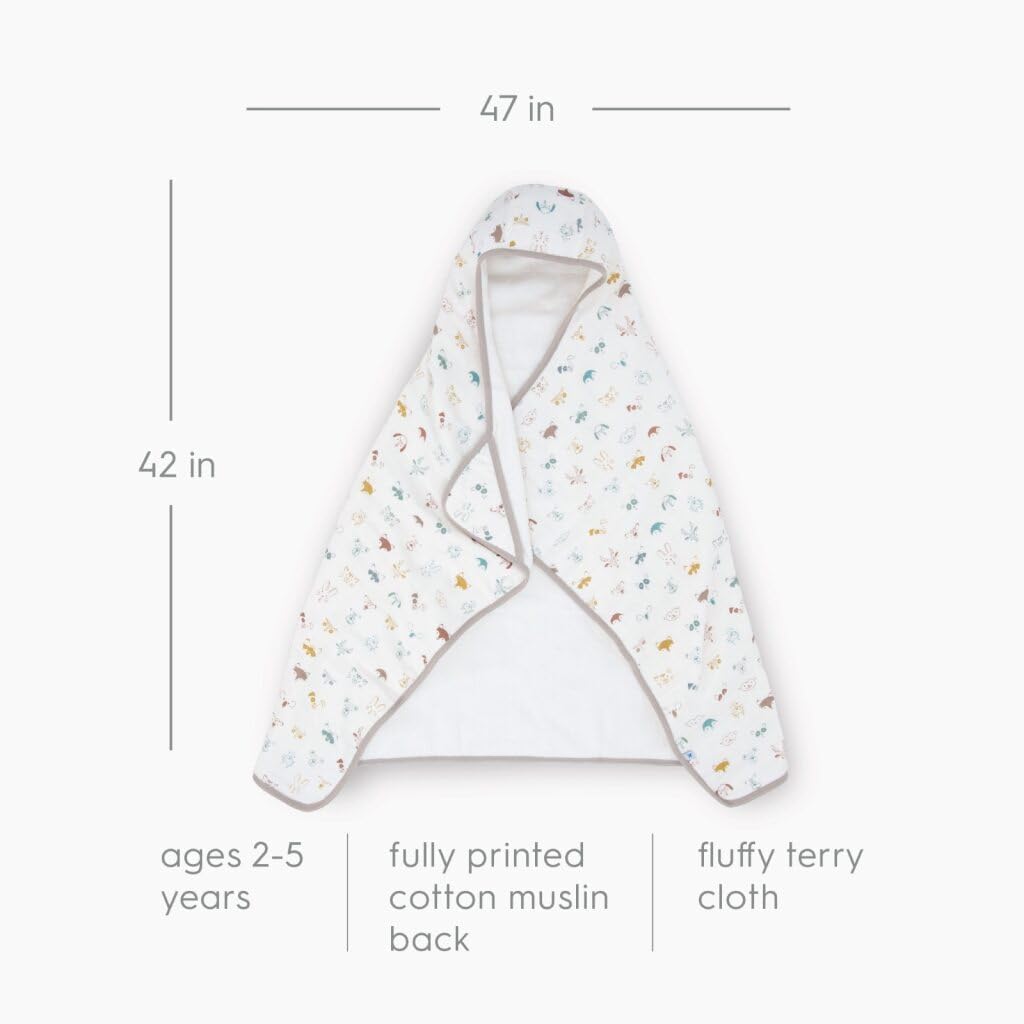 Little Unicorn Premium Hooded Bath Towel| Absorbent Cotton & Terry Blend | Larger Size, 1-6 Years (Animal Crowd)