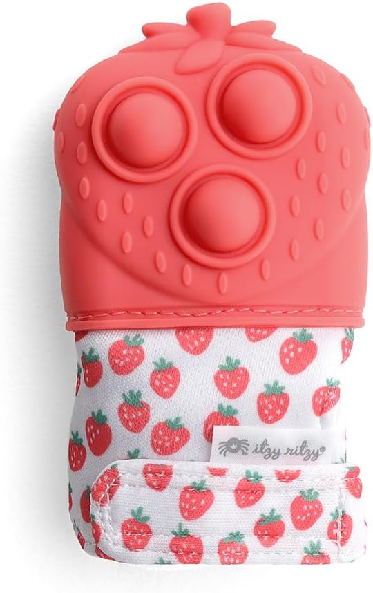 Itzy Ritzy Silicone Teething Mitt - Soothing Infant Teething Mitten with Adjustable Strap, Crinkle Sound & Textured Silicone to Soothe Sore & Swollen Gums - for Ages 3 Months & Up (Strawberry)