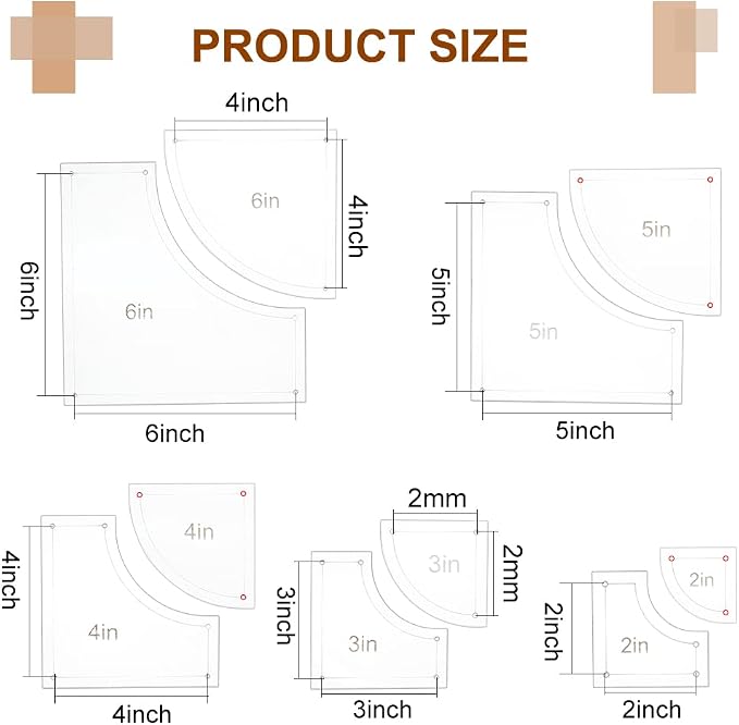 BENECREAT 10Pieces Quilting Acrylic Template Set, 2/3/4/5/6Inch Transparent