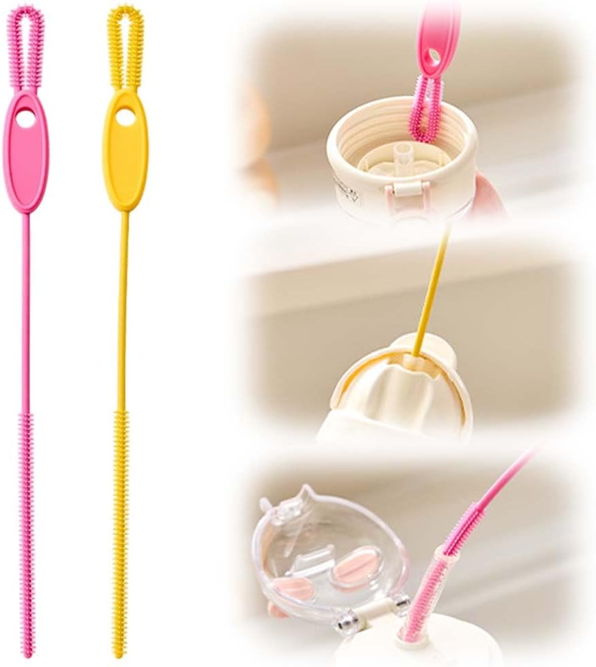 Extra Long Straw Cleaner Brush, Reusable Soft Silicone Cleaning Brush for Tumbler Lid Crevices, Glass Metal Smoothie Straws with Non Slip Handle (Pink + Yellow)
