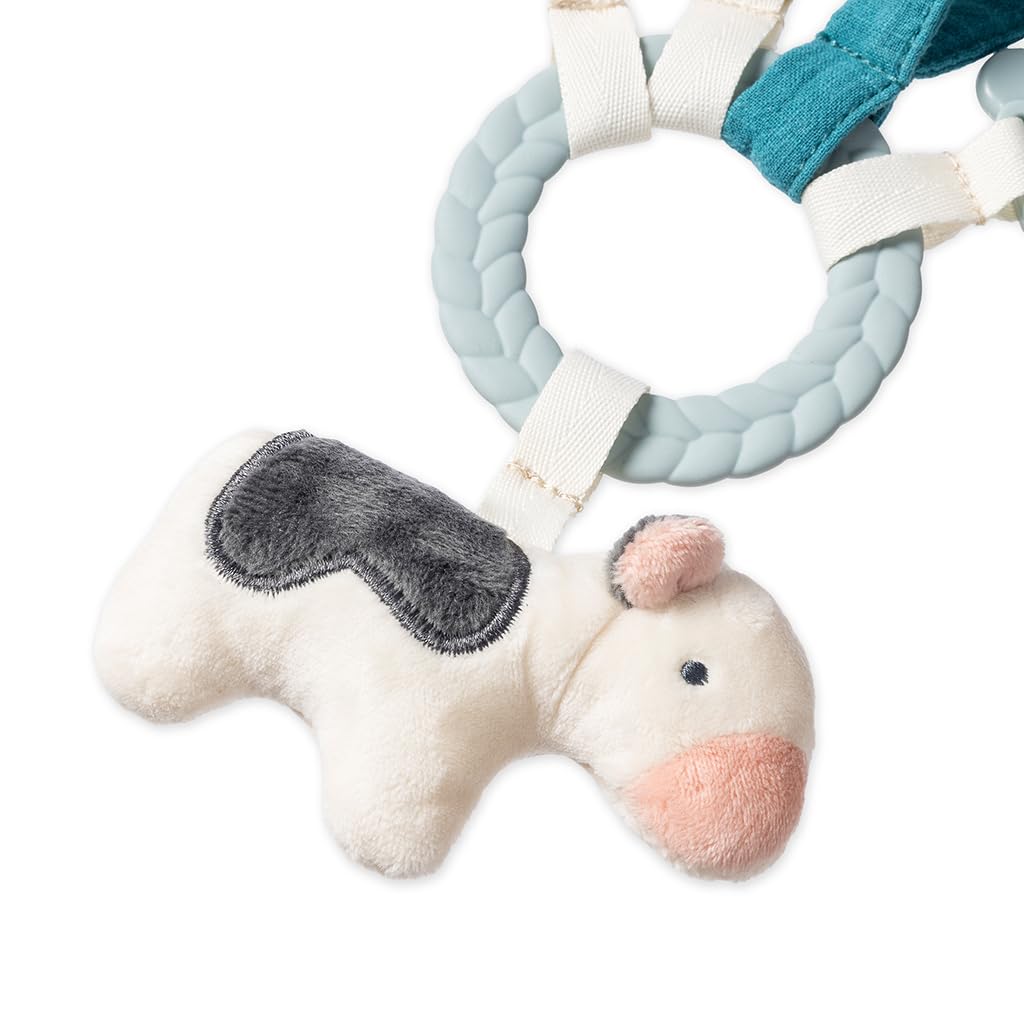 Itzy Ritzy Teething Activity Toy - Bitzy Busy Ring Infant Teething Toy Features Braided Ring & Dangling Toys, Includes Teether, Textured Ribbons, Crinkle Sound & Jingle Bell - 0 Months & Up (Farm)