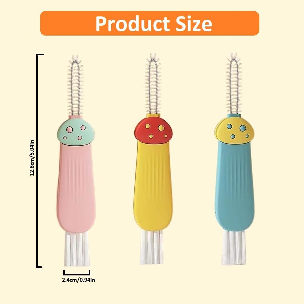 Mini Bottle Brush- Deep Clean Bottle Necks, Straws & Cup Lids, 3-in-1 Tight Space Scrubber for Water Bottles, Travel Mugs, Home Kitchen&Office. Dishwasher Safe(Pink)
