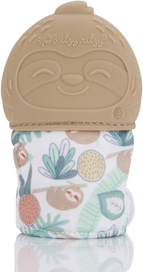 Itzy Ritzy Silicone Teething Mitt - Soothing Infant Teething Mitten with Adjustable Strap, Crinkle Sound & Textured Silicone to Soothe Sore & Swollen Gums - for Ages 3 Months & Up (Sloth)