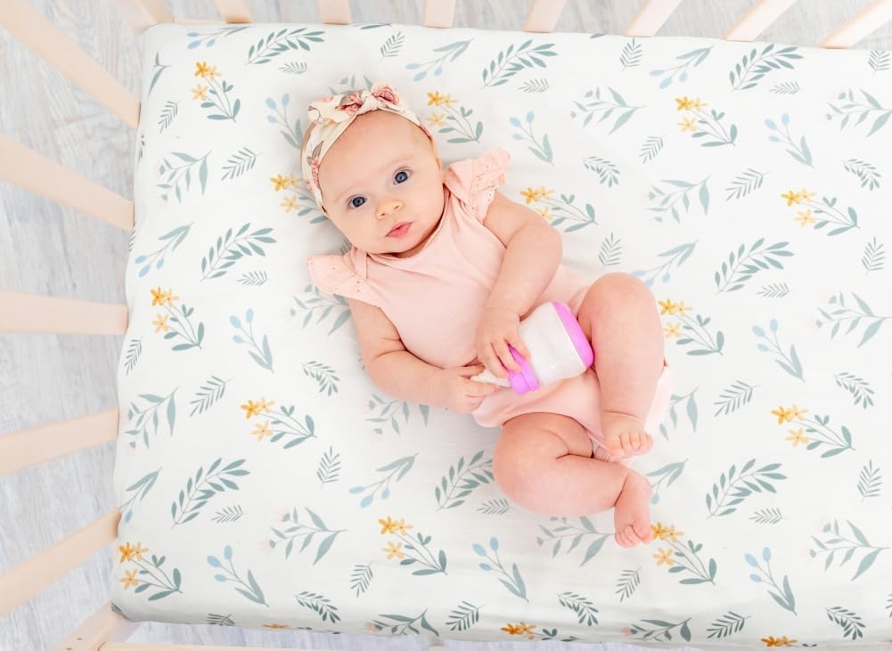 4 Pack Sage Green Fitted Nursery Sheets Breathable Neutral Unisex Baby Sheets for Boys or Girls with Leaf and Flower Design Standard Crib Sheet (Green, Crib Sheet)