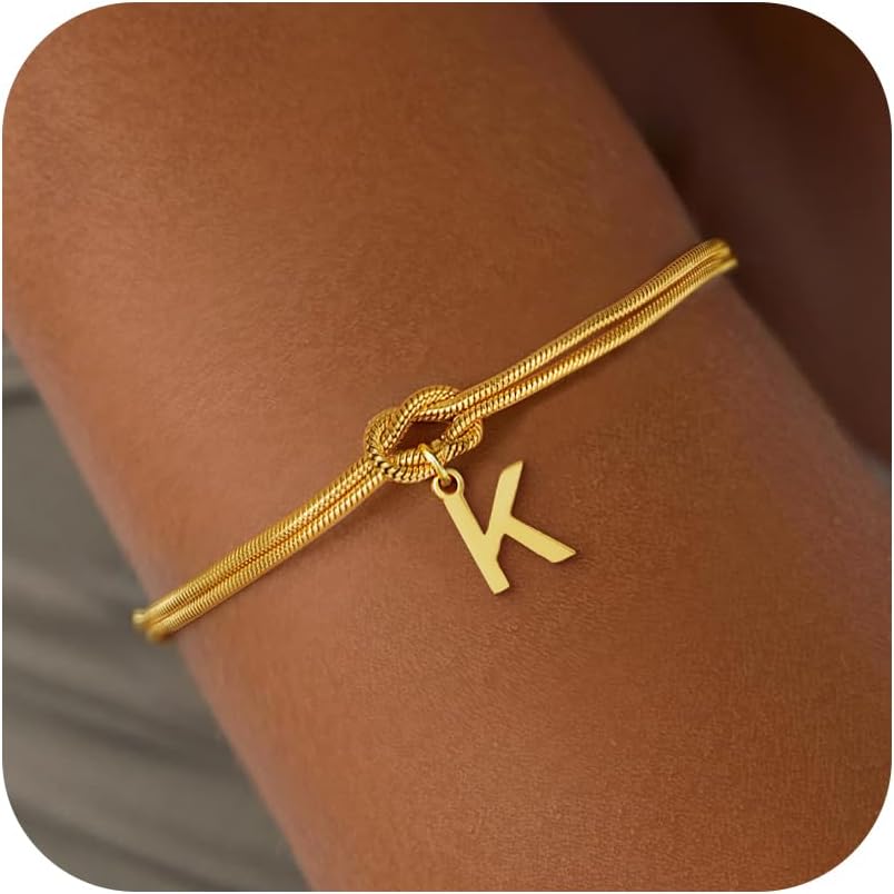 Stocking Stuffers for Teen Girls - 18K Gold Plated Love Knot Initial Bracelets for Women Friends Bridesmaid Gifts Dainty Gold Bracelets Birthday Christmas Gifts for Teens Women