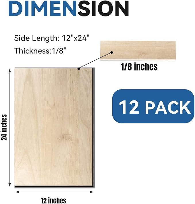 12Pack Basswood Sheets for Craft, 12×24×1/8 Inches Thick Plywood Sheet