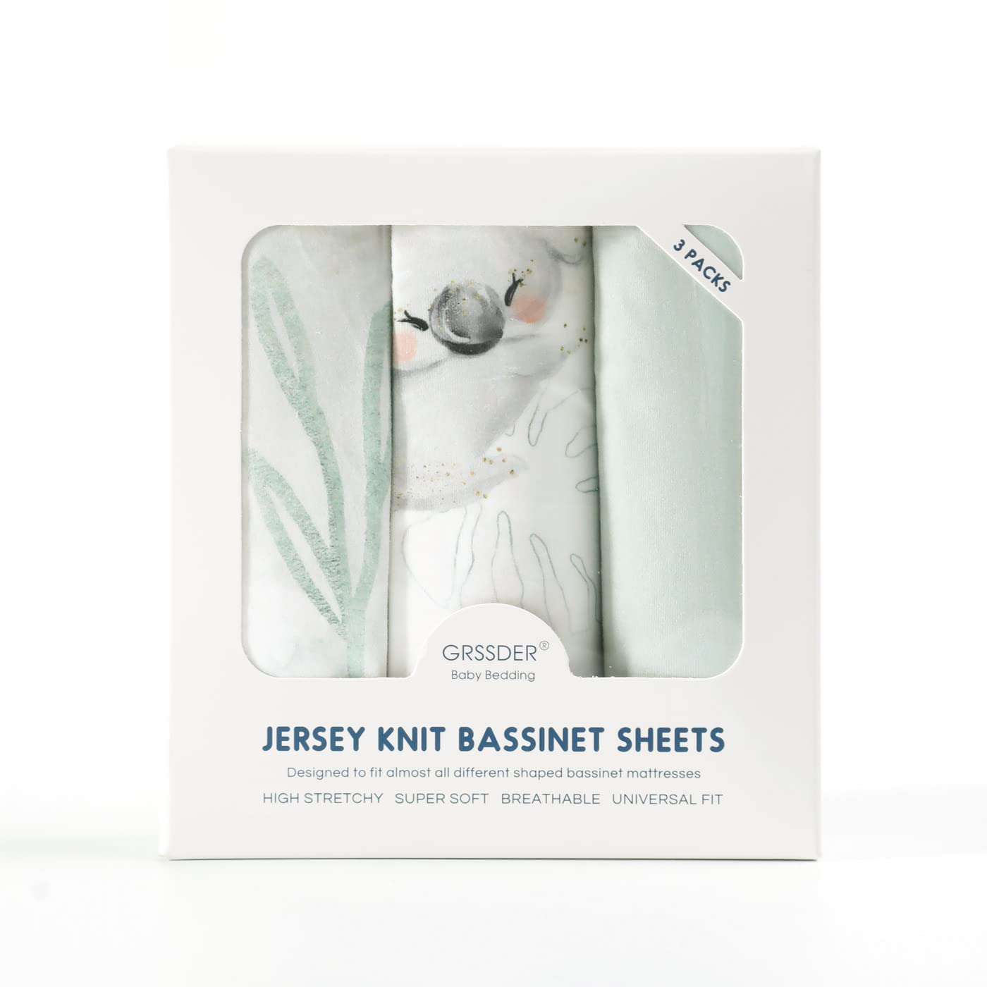 GRSSDER Stretch Ultra Soft Fitted Bassinet Sheets 3 Pack, Universal Fit for Bassinets Baby Cradle Moses Basket Oval Rectangle Mattress Safe and Snug, Stylish Watercolor Animals for Baby, Mint Green