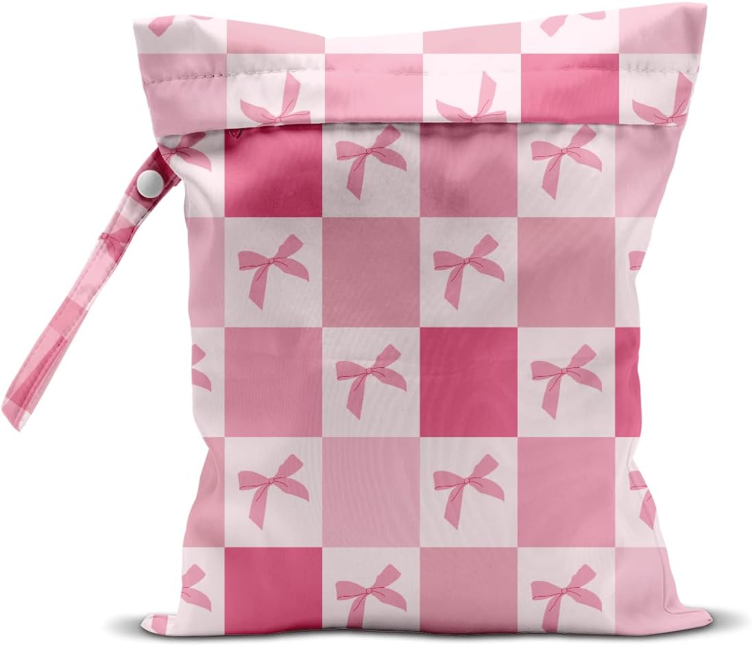 Wet Bag for Swimsuit Pool Travel Baby Cloth Diapers Dirty Yoga Gym Clothes Beach Bags Summer Gifts for Women Men Beach Vacation Essentials Pink Bow Checker Waterproof Wet Dry Bag Travel Laundry Bags
