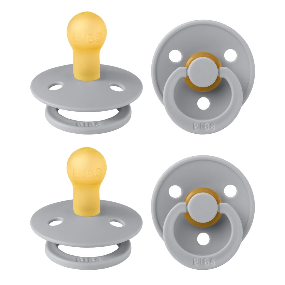 BIBS Colour Soother 4-Pack | BPA Free Dummy Pacifier | Round Nipple | Natural Rubber Latex | Made in Denmark | Size 0-6 Months | Cloud