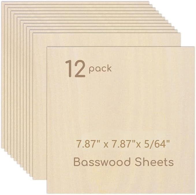 12 Pack Plywood Sheets, 7.87" x 7.87"x 5/64" Basswood Sheets | 2mm Basswood