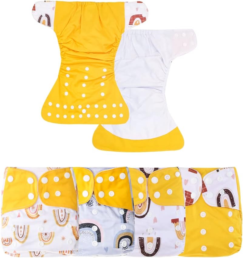 HappyFlute 4 Sets Newborn Baby Cloth Pocket Diapers One Size Adjustable Reusable for Baby Boys and Girls(No Inserts,Yellow)