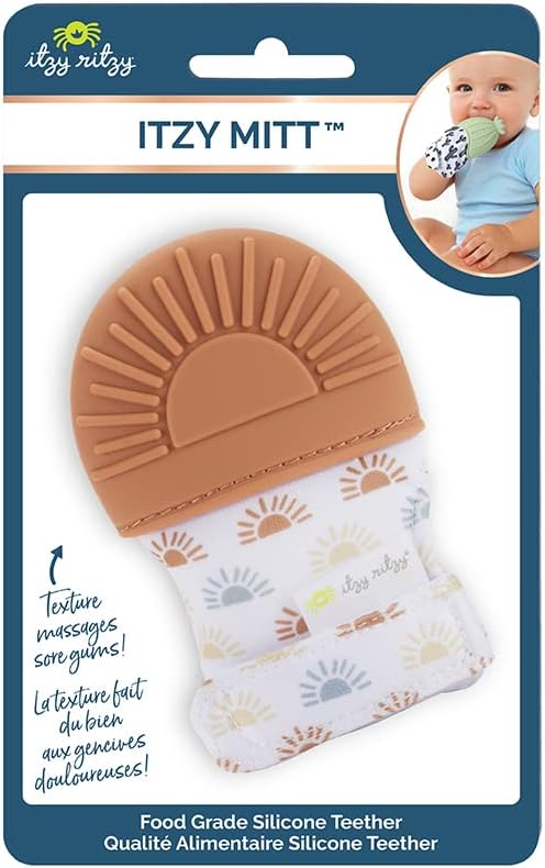 Itzy Ritzy Silicone Teething Mitt - Soothing Infant Teething Mitten with Adjustable Strap, Crinkle Sound & Textured Silicone to Soothe Sore & Swollen Gums - for Ages 3 Months & Up (Terracotta Sun)