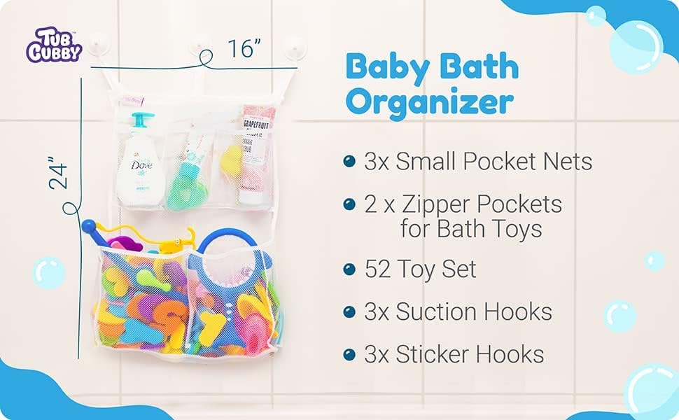 Tub Cubby Bath Toy Storage Organizer | 14"x20" Mesh Shower Caddy | Suction Cup & Adhesive Hooks | Toy Storage Net Organizer | Kids Bathroom Decor, Bedroom & More | Extra Hooks