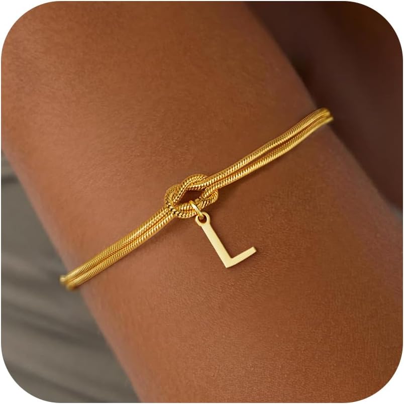 Stocking Stuffers for Teen Girls - 18K Gold Plated Love Knot Initial Bracelets for Women Friends Bridesmaid Gifts Dainty Gold Bracelets Birthday Christmas Gifts for Teens Women