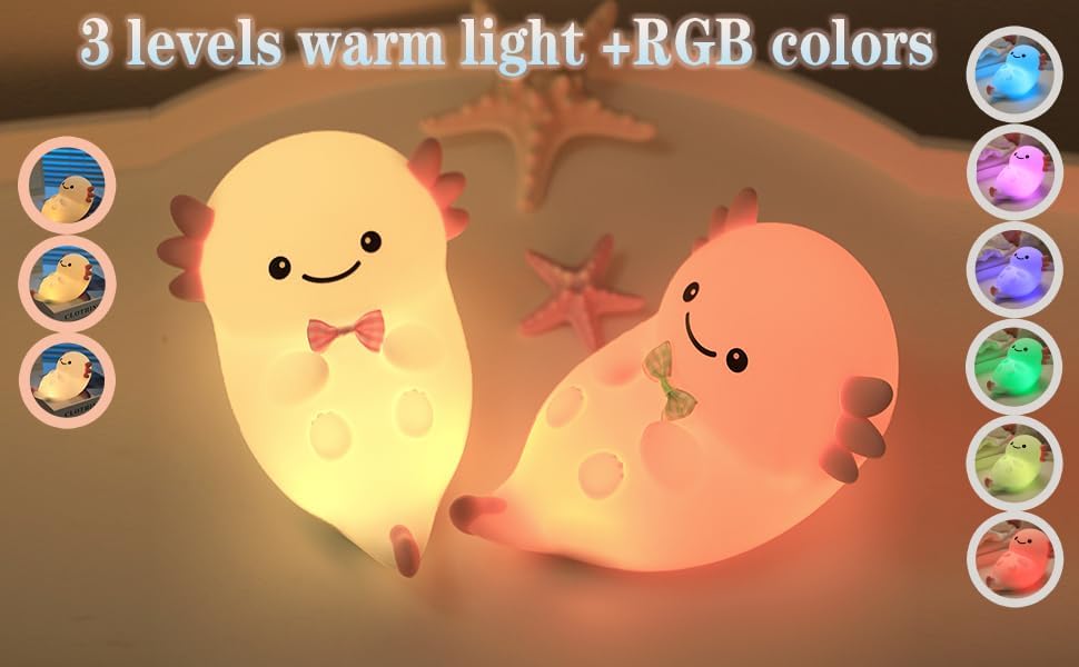 Cute White Axolotl Night Light, LED Squishy Night Lamp, Dimmable Timer Nursery Nightlight for Kids, Rechargeable Touch Lamp, Dorm Decor, Kids Funny Gifts(White Axolotl)