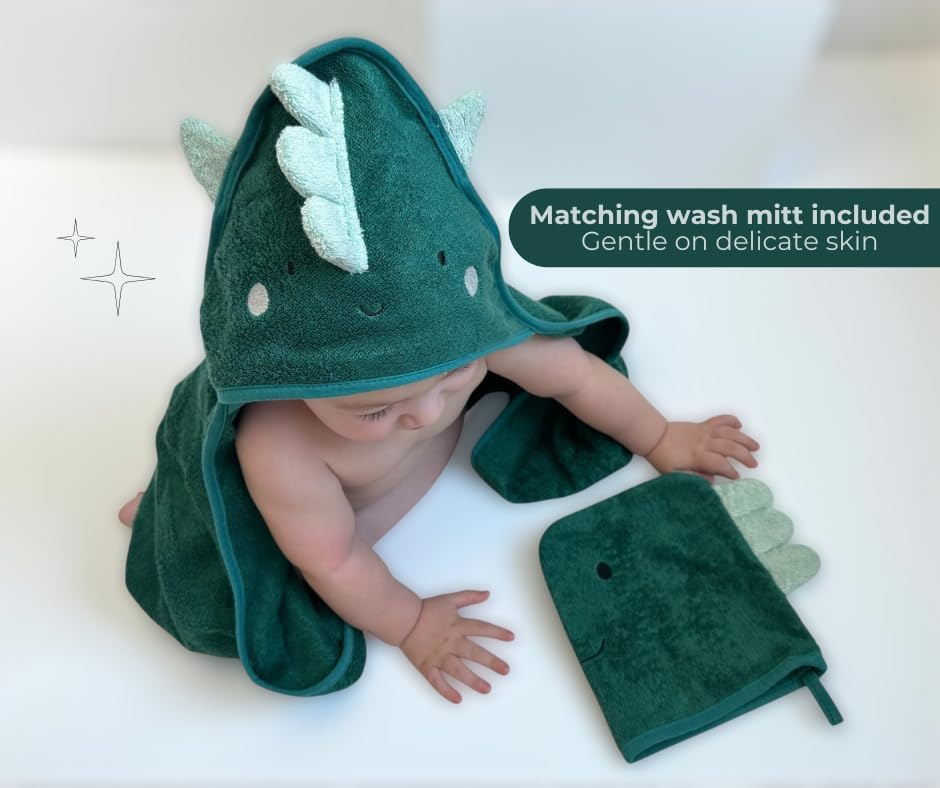 Hooded Baby Towel with Mitt - Ultra Soft Plush Bath Essential for Newborn, Infant & Toddler - Premium 30x30 Inch Large Absorbent Baby Bath Towels with Hood for Boys & Girls (Happy Dino)