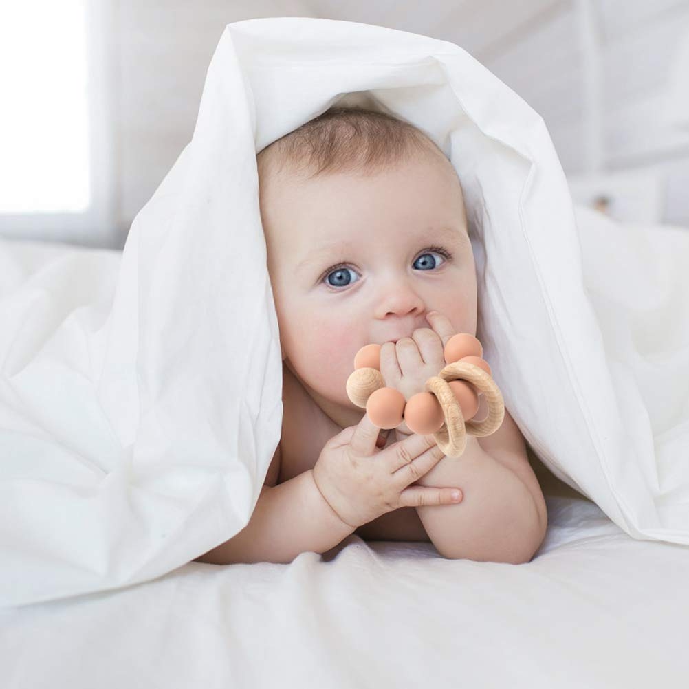 Silicone Baby Teether, Food Grade Silicone & Beech Baby Teething Toy, BPA Free (Apricot)