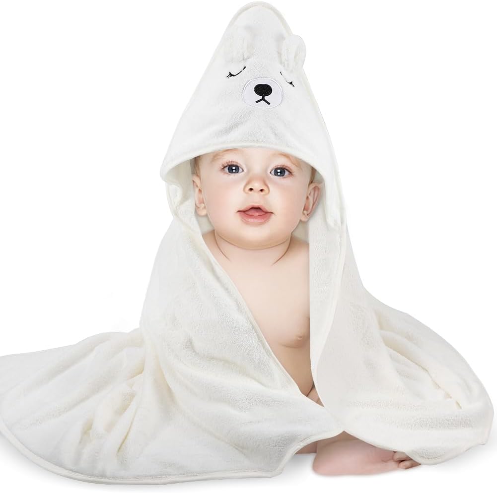 Baby Bath Towel,Ultra Soft Hooded Baby Towel,Toddler Bath Towels with Animal Design,Absorbent Baby Hooded Towel Shower Gifts for Baby Boys Girls,31.5x31.5 inch(White Bear)