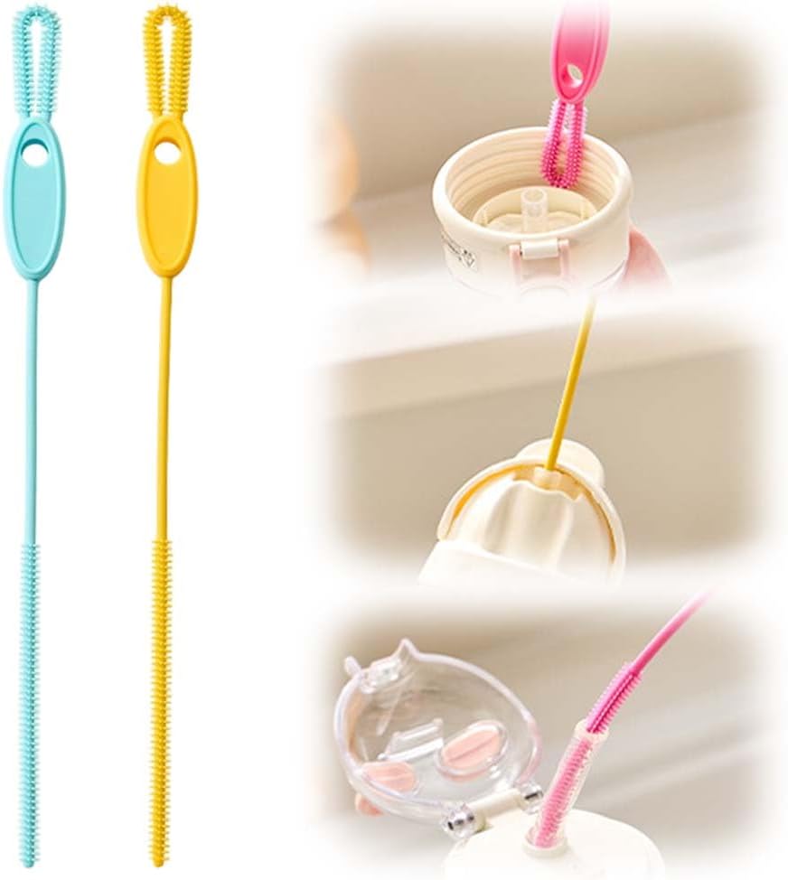 Extra Long Straw Cleaner Brush, Reusable Soft Silicone Cleaning Brush for Tumbler Lid Crevices, Glass Metal Smoothie Straws with Non Slip Handle (Yellow + Blue)