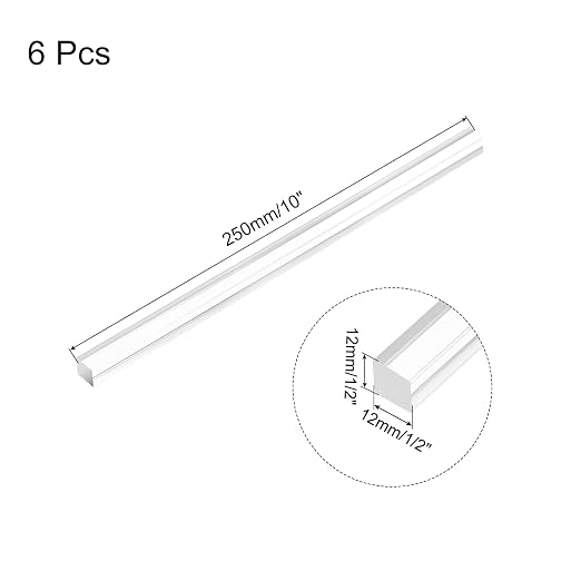 MECCANIXITY 6pcs Acrylic Square Rods 1/2" x 10" Clear Acrylic Dowel Rods Sticks