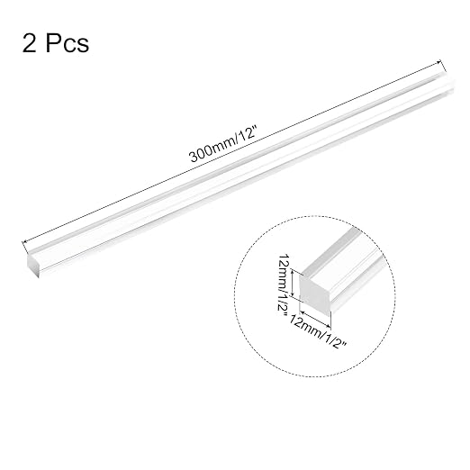 MECCANIXITY 2pcs Acrylic Square Rods 1/2" x 12" Clear Acrylic Dowel Rods Sticks