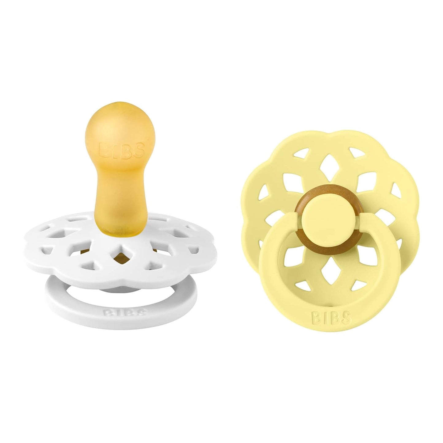 BIBS Boheme Pacifiers 2 Pack BPA Free Cherry Shape Nipple | White/Sunshine | Size 6-18 Months
