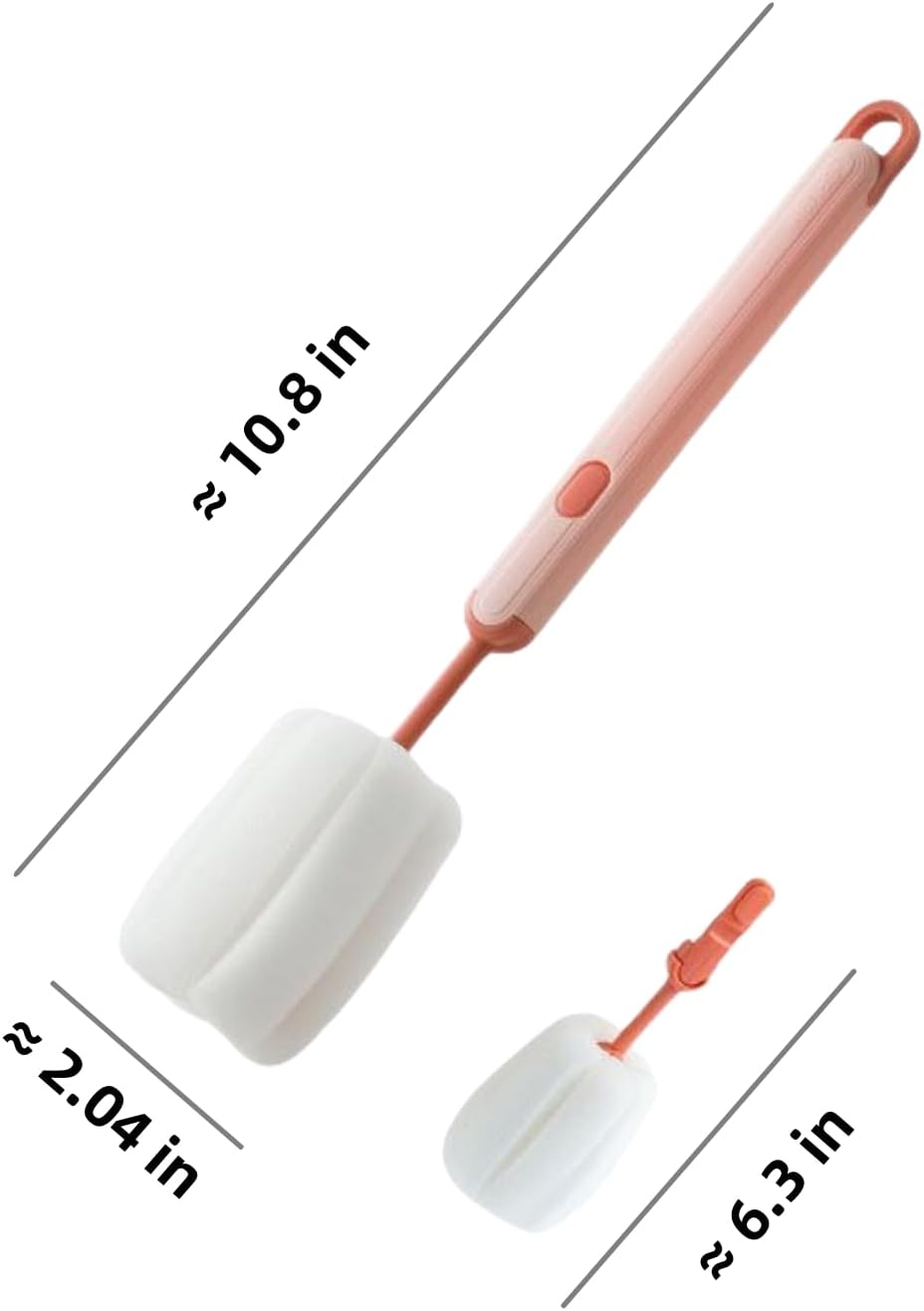 Bottle Brush Long Handle Cup Cleaner Brush Sponge Bottle Scrubber Detachable Handle Portable Sponge Cleaning Brush for Cups Wine Glasses Water Bottles Baby Bottles and Vacuum Flasks (Pink)
