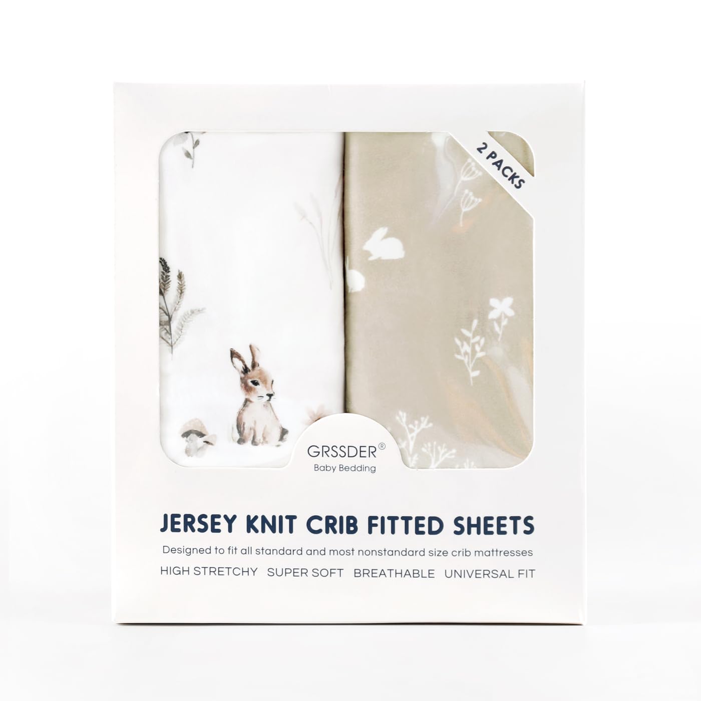 GRSSDER Stretch Ultra Soft Jersey Knit Fitted Crib Sheets Set 2 Pack，Fit All Standard Crib Mattress Pads Safe and Snug, Crib Fitted Sheet for Boys and Girls, Stylish Watercolor Rabbit Pattern