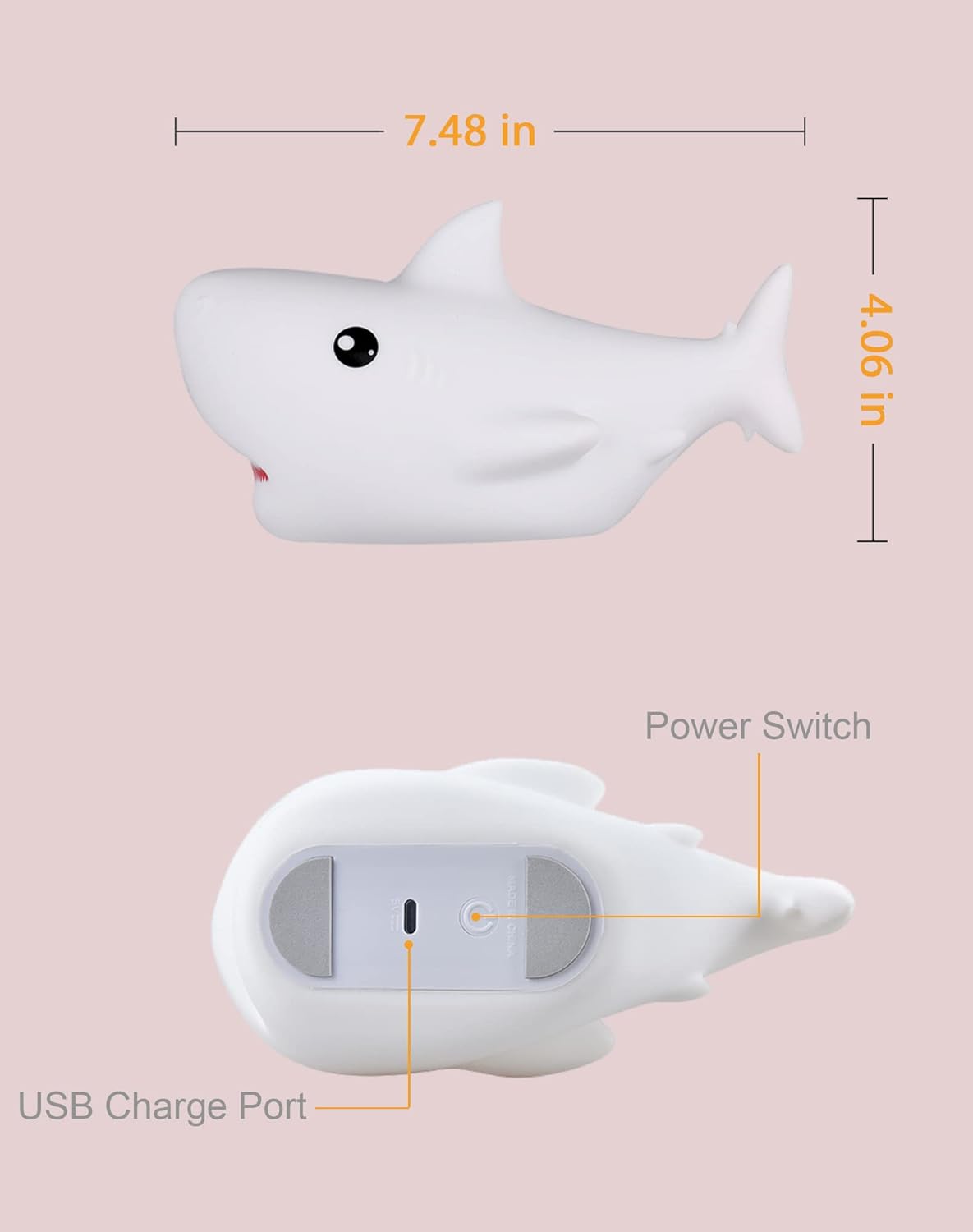 Shark USB Rechargeable Silicone LED Night Light for Kids, Multicolor Cute Nursery Light with Warm White and 7-Color Breathing Mode for Kids Baby Children Bedrooms