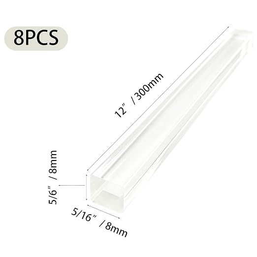 8Pcs Clear Acrylic Square Rods, 8mm x 300mm Transparent Plastic Dowel Sticks