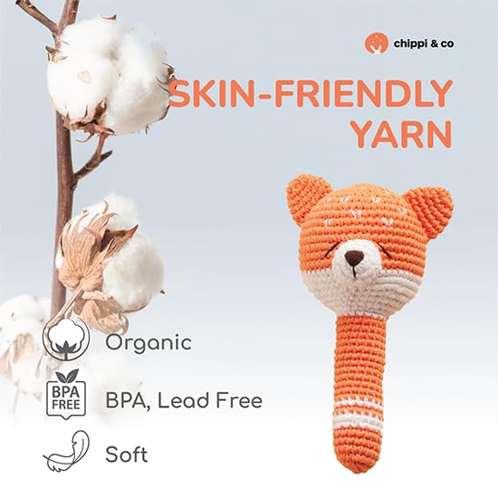 Chippi & Co Crochet Baby Rattle, Crochet Baby Toys, Stuffed Baby Doll, Organic Wooden Newborn Toys, Knitted Stuffed Animals for Babies Boy, Girl, Cool Gifts for New Moms, Dads (Fernie The Fox)