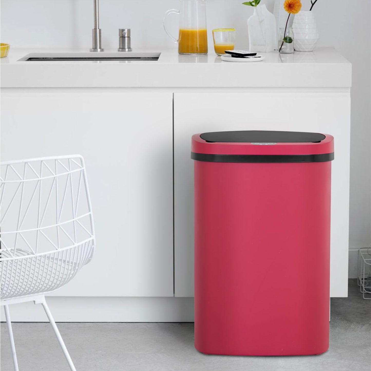 BestOffice | 13 Gallon Plastic Trash Can with Lid | Red | Automatic Touchless Garbage Can | Odor Control | Modern Oval Design | Easy to Clean | Fits Any Kitchen, Bathroom, Office or Home