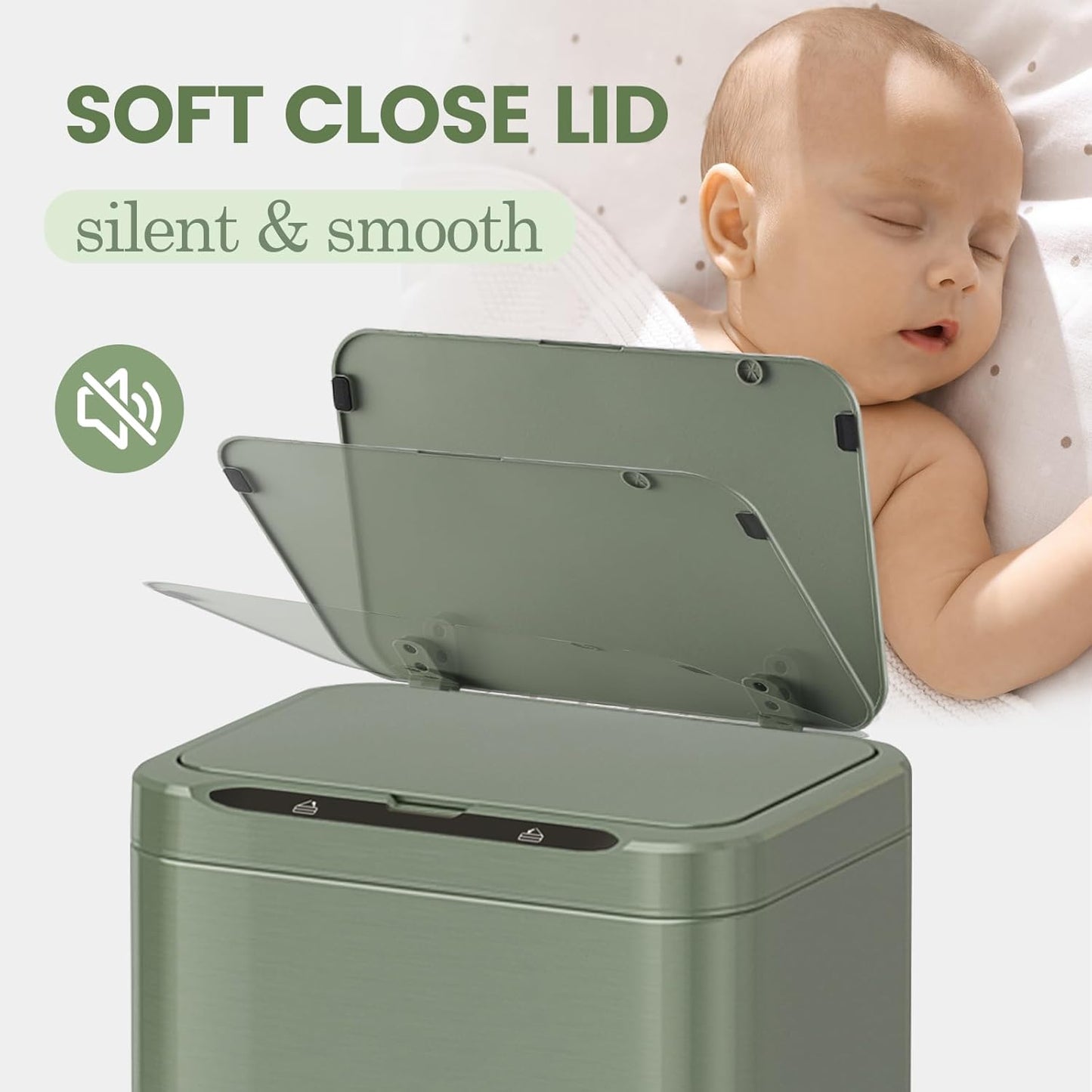 ELPHECO Stainless Steel Office Trash Can Motion Sensor Garbage Can Touchless Smart Trash Can Automatic Waste Bin for Kitchen, Office, Bathroom (Avocado Green, 6.6 Gallons), 2AA