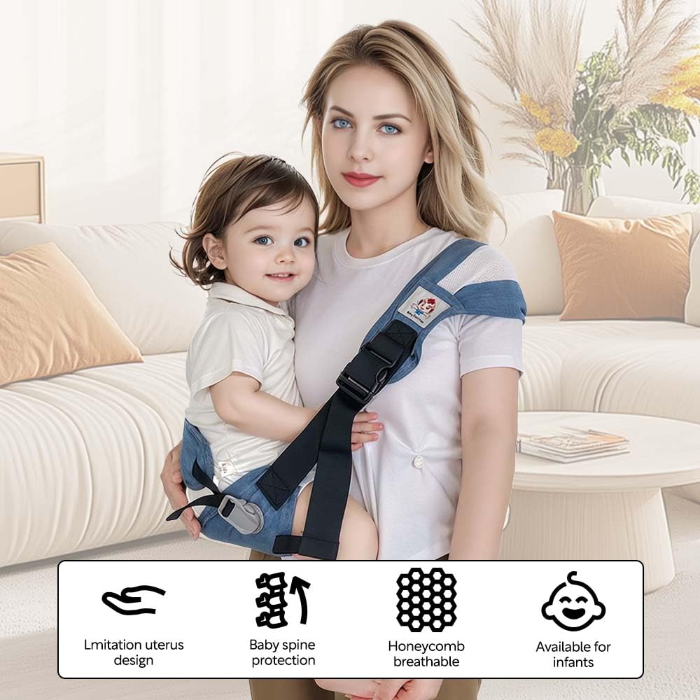 Baby Sling Carrier with Hip Seat - Breathable & Adjustable, Anti-Slip Design for Infants 0-36 Months, ASTM Certified, Ergonomic Hands-Free Carrier Carrying 8-35lbs (Blue)