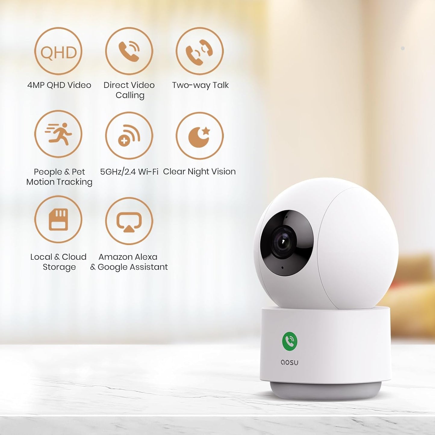 AOSU 4MP Security Camera Indoor - 2.5K Baby Monitor Pet Camera 360° for Home Security with 5/2.4 GHz Wi-Fi Router, One-Touch Call, Smart Motion Tracking (2 Pack)