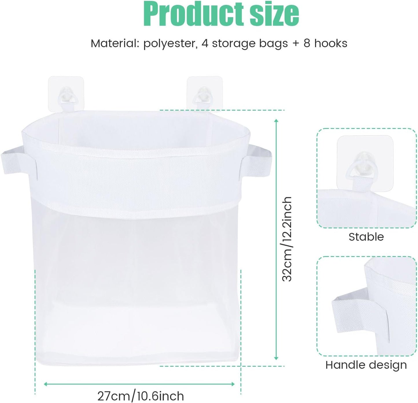 4Pcs Bath Toy Organizer with 8 Hooks Large Capacity Bathtub Toy Storage Organizer with Handles and Bottom Zippers for Storage and Classification
