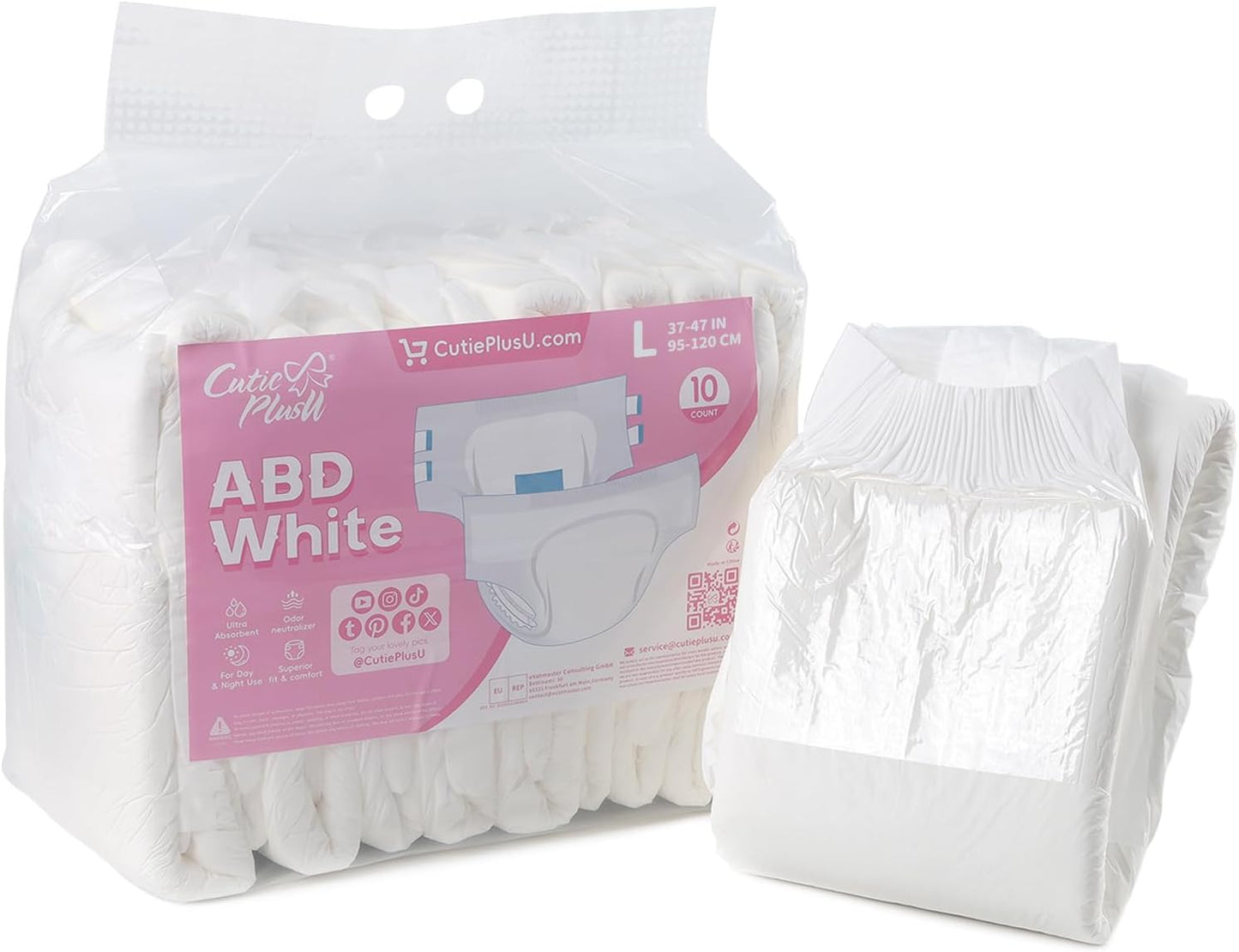 CutiePlusU Disposable Adult Diaper Heavy Absorption Dry Surface Adult Diapers All Night- White 10 Pieces (Large 36"-46")