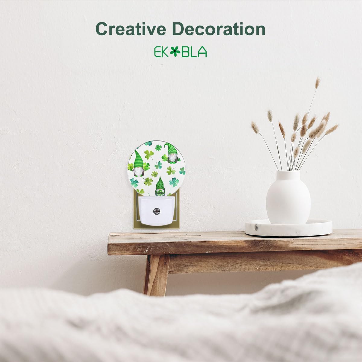 EKOBLA Cute Patrick's Gnome Night Light Green Shamrock Clover Leaves Plug-in Nightlights Auto Sensor LED Plug-in Nightlights for Men Women Girls Boys Home Decor