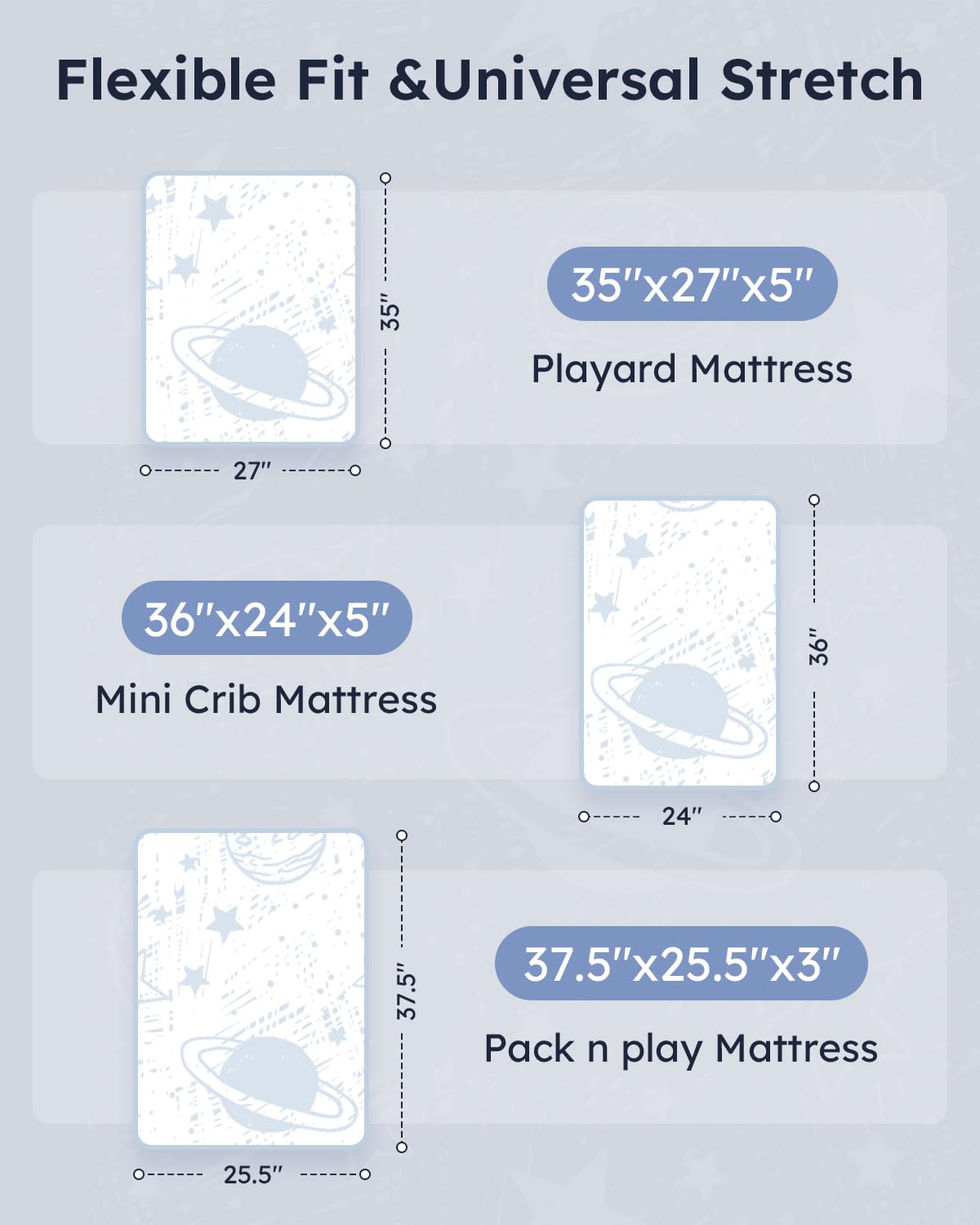 Pack and Play Sheets Fitted 3 Pack, Mini Crib Sheets for Pack N Play Mattress Stretchy Portable Playard Sheets, Soft Breathable Blue Gray Planet