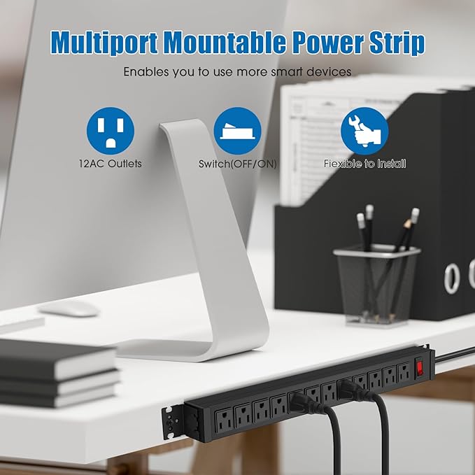 HHSOET Rotating Mountable Power Strip, 12 Outlet Wall Mount Surge Protector, Metal Heavy Duty and Versatile Outlet Strip, Stylish Appearance, Sturdy and Durable, 15ft Power Cord.(Black)