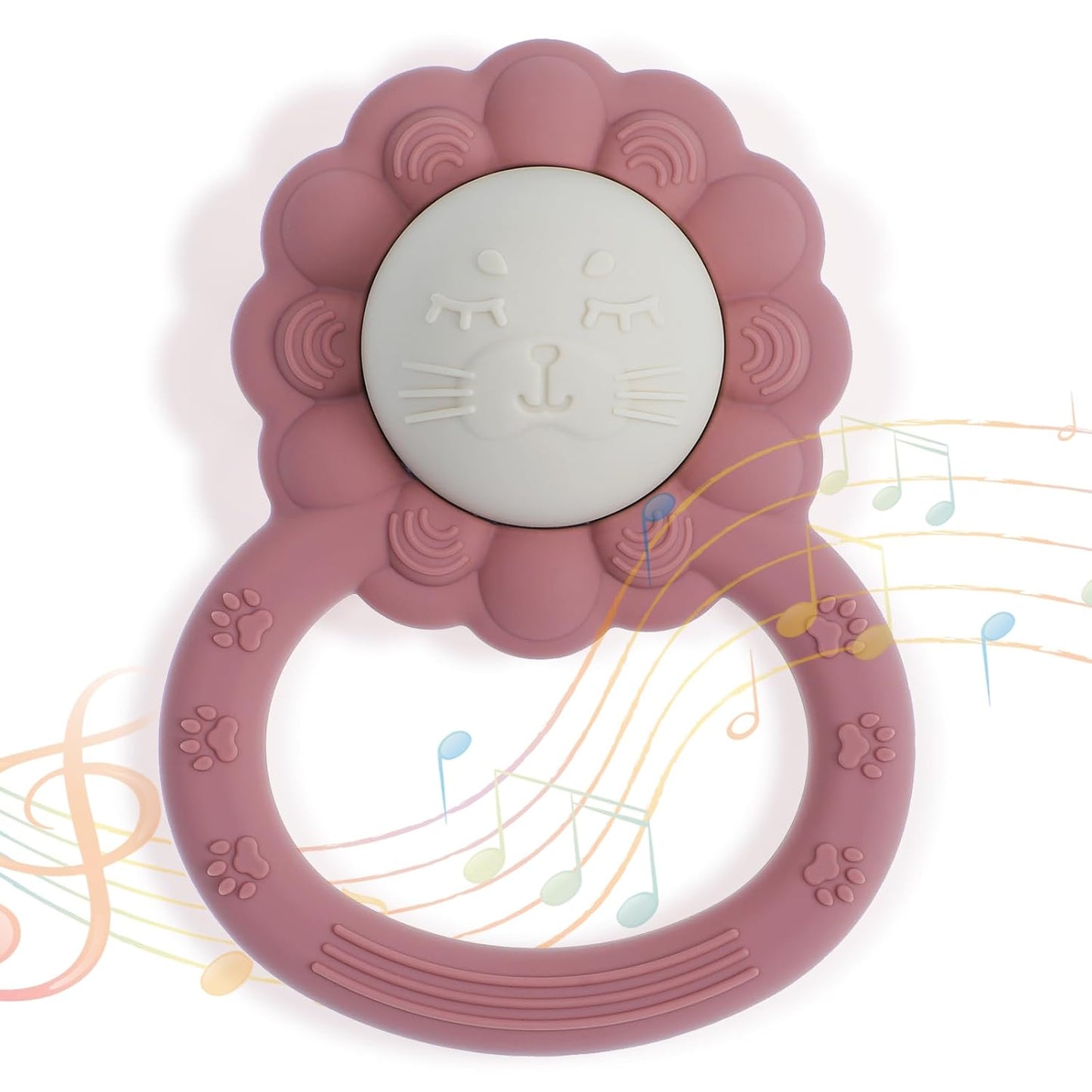 Rattle Teether, Lion Shape Montessori Baby Sensory Teething Toys, Food Grade Silicone BPA Free, Newborn Essentials Must Haves (Shifting Sand Powder Rose)