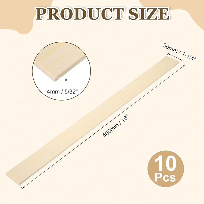 MECCANIXITY 10Pcs Wood Strips Slats, 5/32" x 1‑1/4" x 16" Thin Wood Sticks Flat