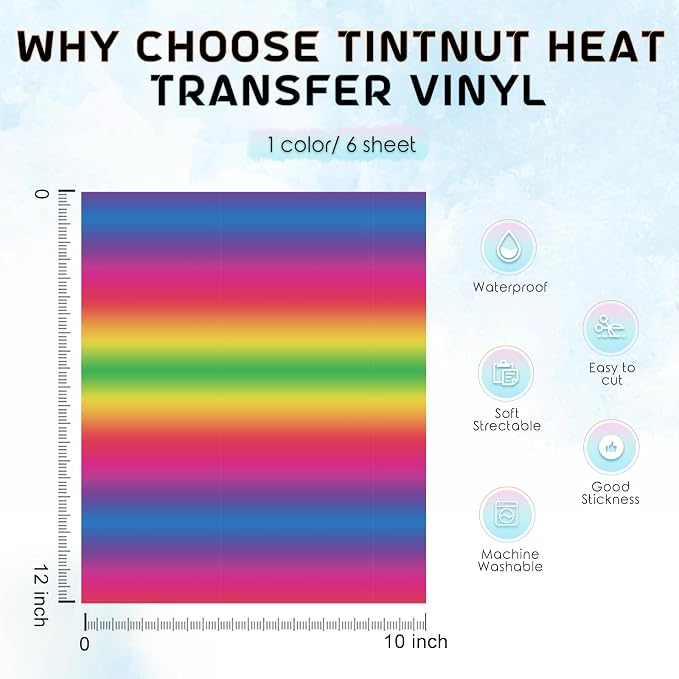 Tintnut Rainbow Gradient Heat Transfer Vinyl, Ombre pattern PU HTV Sheets