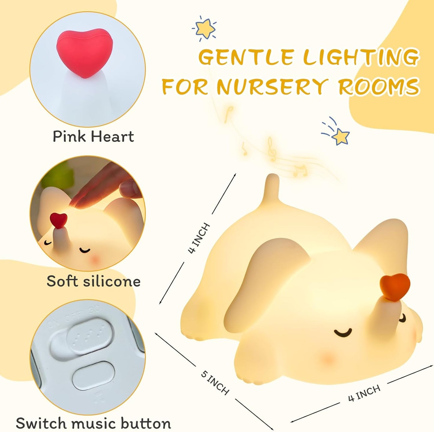 Squishy Night Light for Kids, Elephant Silicone Lamp with 4 Lullabies, Touch Control 3 Dimming Levels, 30-Min Timer, Rechargeable Cute Nightlight for Nursery, Toddler Room Decor